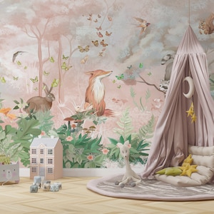 Carta da parati per bambini, carta da parati Pink Forest, carta da parati murale, carta da parati per bambini, carta da parati staccabile e adesiva, carta da parati in vinile tessile