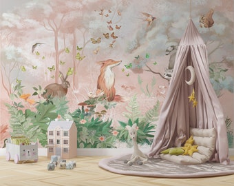 Kids wallpaper, Pink  Forest Wallpaper,  Mural wallpaper, Nursery Wallpaper, Peel and Stick Wallpaper, Textile vinyl wallpaper
