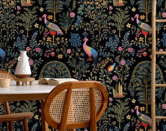 Moody Peel and Stick Wallpaper, Medieval Wallpaper, Secret Garden Mural with Bird Detail, Night Themed Wallpaper, Textile Vinyl Wallpaper