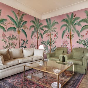 Pink Tropical Palm Wallpaper, Exotic Bird Jungle Mural Peel & Stick, Palm Trees and Birds Wall Mural on Pink Background, Removable Wallpaper