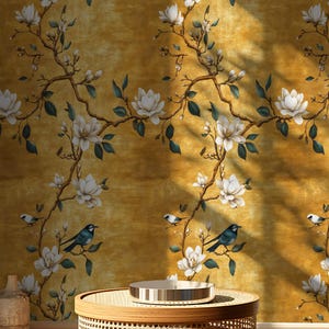 Chinoiserie Bird Wallpaper, Floral Peel and Stick Wallpaper, Vintage Gold Wall Mural, Elegant Removable Wall Decor, Chinoiserie Wallpaper
