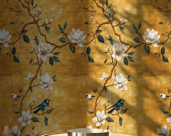 Chinoiserie Fågeltapet: Vintage blommig självhäftande väggmålning