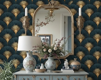 Emerald Ginkgo Art Deco Wallpaper – Gold Botanical Peel and Stick Mural