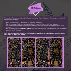 May include: A close-up of a dark floral wallpaper pattern with gold accents. The wallpaper is made of high-quality, durable materials and features a 2 cm overlap for seamless installation.