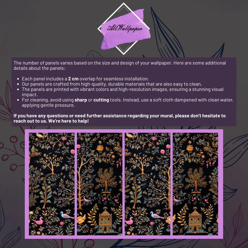 May include: A close-up of a dark floral wallpaper pattern with gold accents. The wallpaper is made of high-quality, durable materials and features a 2 cm overlap for seamless installation.
