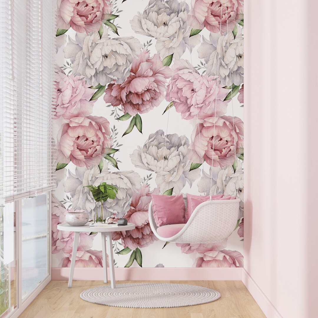 Watercolor Peony Wallpaper: Pink Floral Mural, Peel and Stick - Etsy