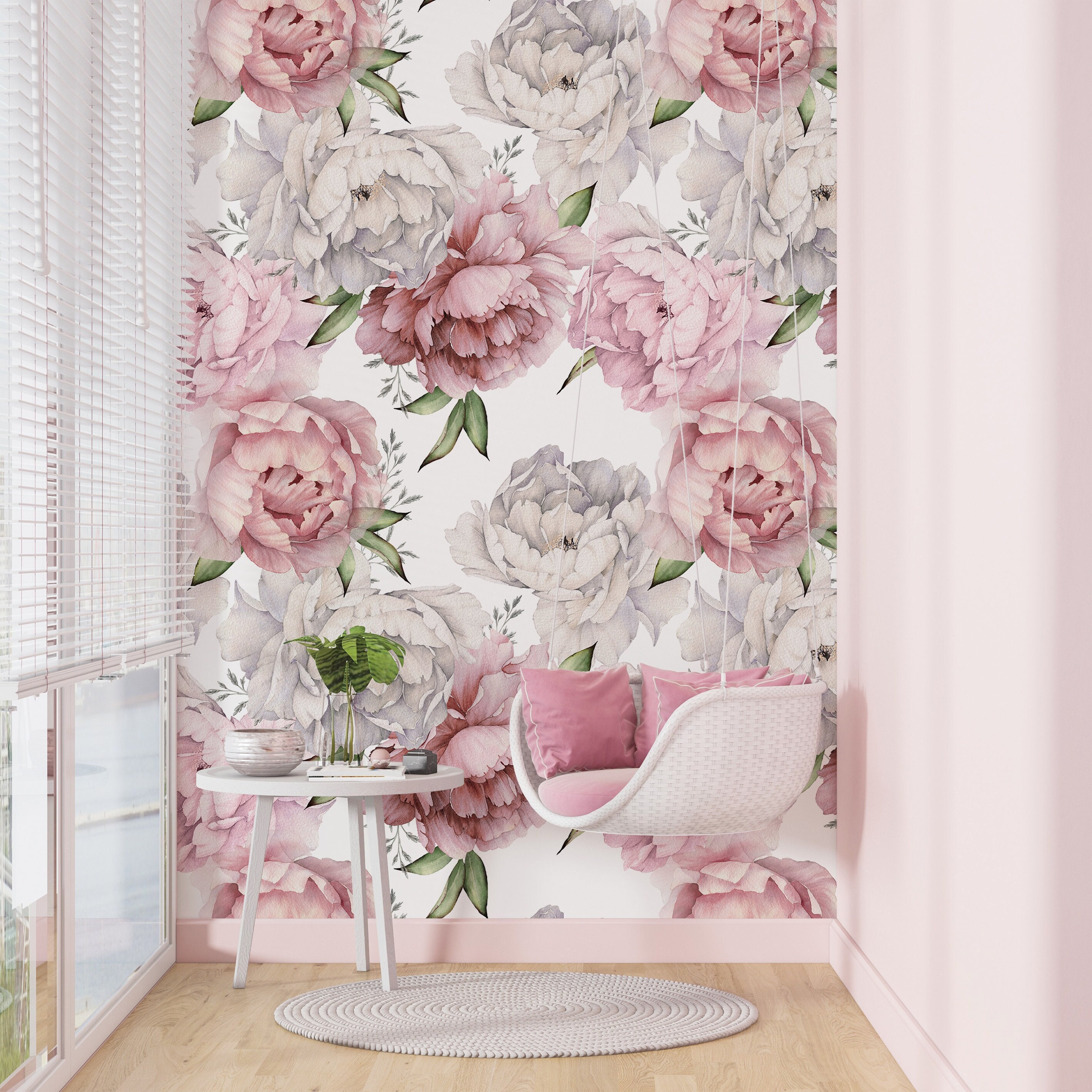 Watercolor Peony Wallpaper: Pink Floral Mural, Peel and Stick - Etsy
