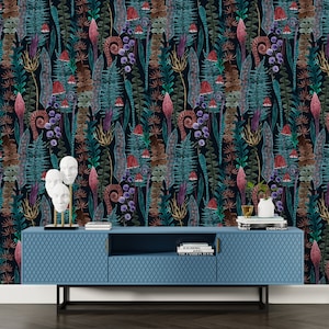 Zauberwald Tapete, Pilz Tapete, Wald Tapete, Dunkle Botanische Tapete, Schälen und Aufkleben, Textile Vinyl Tapete