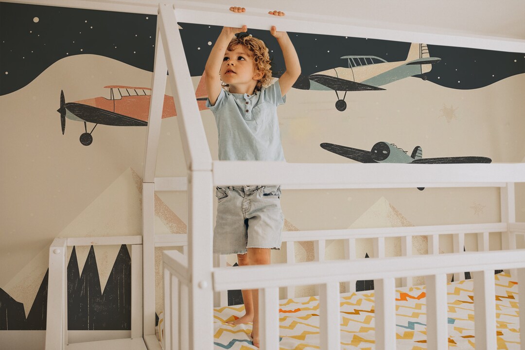 Vintage Airplane Wallpaper Mural - Kids Nursery Decor, Peel and Stick ...