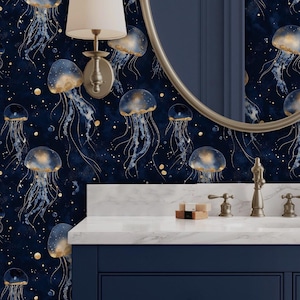 May include: A bathroom featuring a navy blue vanity unit, a white marble countertop, and a circular mirror. The wallpaper displays a pattern of blue and gold jellyfish on a dark blue backdrop. A silver wall light with a white lampshade is mounted.