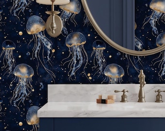 Gold Jellyfish Wallpaper: Navy Oceanic Peel and Stick Design