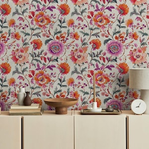 Floral  Wallpaper,  Vintage Floral Wallpaper, Pink and Orange Flowers, Watercolor floral Peel and Stick Wallpaper, Textile Vinyl Wallpaper