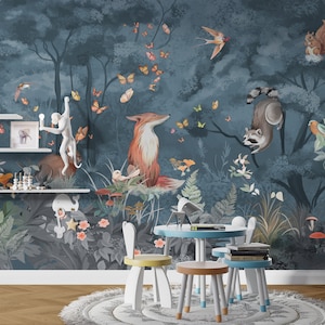 Carta da parati per bambini, carta da parati Blue Forest, carta da parati murale, carta da parati per bambini, carta da parati staccabile e adesiva, carta da parati in vinile tessile
