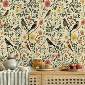 Beige Botanical Wallpaper Mural, Floral Wallpaper Peel and Stick, Butterfly and Flower Wallpaper Vintage, Minimal Floral Wallpaper