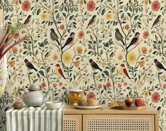 Beige botanische Tapete Wandbild: Vintage Blumen Vogel Schälen und Aufkleben