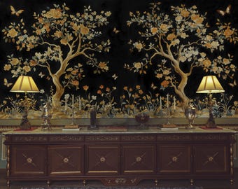 Black Chinoiserie Floral Wallpaper: Yellow Blossom Peel and Stick Wall Mural