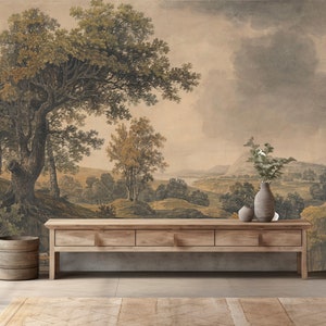Vintage Landscape Wallpaper, Tree Landscape  Watercolor Painting Scenic wallpaper, Rural wallpaper, Peel and Stick , Textile vinyl wallpaper