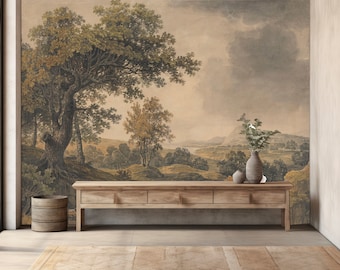 Vintage Landscape Wallpaper, Tree Landscape  Watercolor Painting Scenic wallpaper, Rural wallpaper, Peel and Stick , Textile vinyl wallpaper