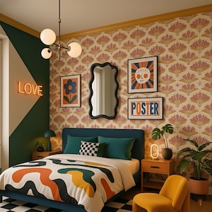 May include: A bedroom scene with a blue bed, teal cushions, and a patterned duvet cover. The room includes a black, wavy mirror, framed artwork, and a neon "LOVE" sign. The wallpaper has a floral pattern, and the floor is chequered.