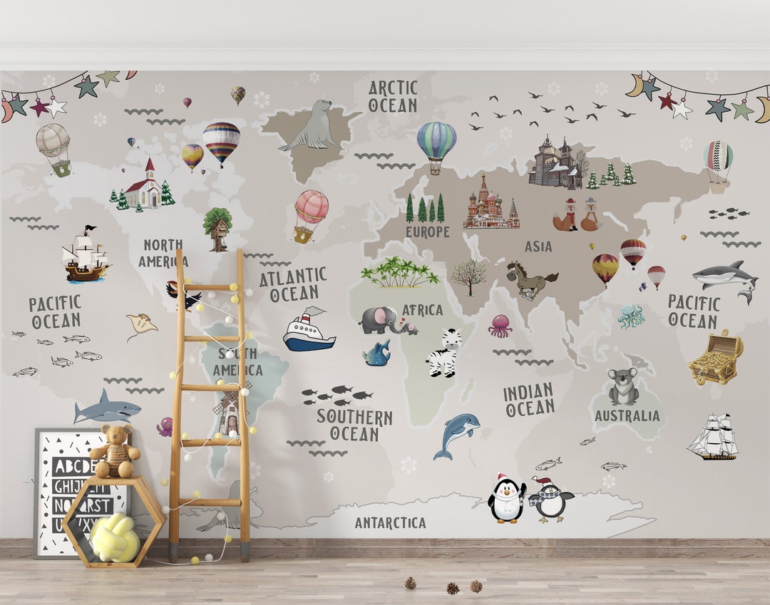 Animal World Map Wallpaper: Peel and Stick Kids Room Mural - Etsy