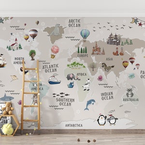 Kinderkarte Tapete Schälen und Stick Abnehmbare Selbstklebende Weltkarte Wandbild Kleine Tiere Tapete Kinderzimmer Textile vinyl Tapete