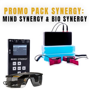 May include: A black device with a screen that reads "MIND SYNERGY" and a blue and white device with red straps. The text "PROMO PACK SYNERGY: MIND SYNERGY & BIO SYNERGY" is at the top of the image.
