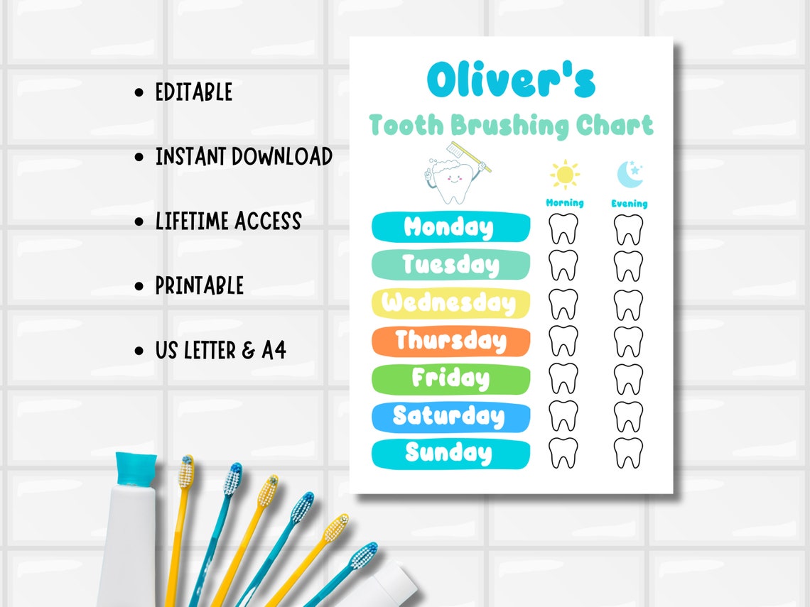 Personalised Printable Tooth Brushing Chart Tooth Brush Chart Kids ...