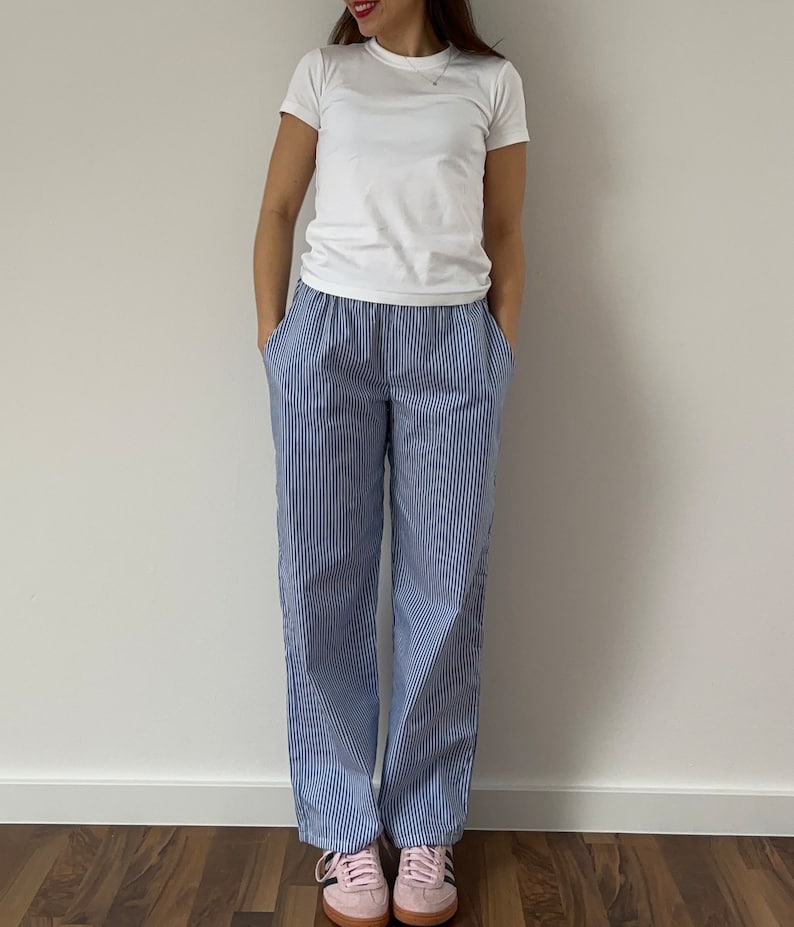 Blau gestreifte Sommer / Pyjama Hose 100% Baumwolle handgemacht Bild 1
