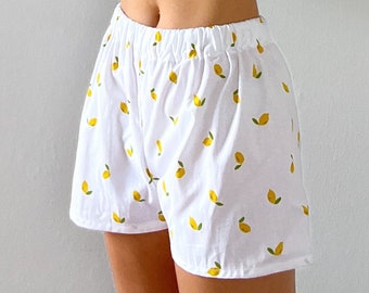 Zitronen Print Pyjama Set, Shorts mit wahlweise einem Scrunchie oder Haarband