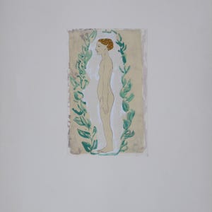 May include: Watercolor painting of a nude figure in profile, framed by a green leafy garland. The figure has short, reddish-brown hair and is set against a light beige background. The artwork is on a textured paper.