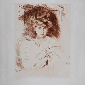 Paul César Helleu (1859–1927) — Portrait de femme assise de face, 1900 circa, acquaforte originale a puntasecca con inchiostro marrone — Firmata a mano