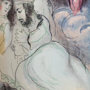 Marc Chagall – Sara e Abimelech 1960 – Litografia originale – Mourlot 239 – Serie Bibbia Verve – Stampa Judaica – Arte dell'Antico Testamento di Chagall