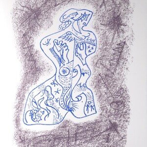 May include: Abstract blue line art print on white paper. The artwork depicts a stylized human figure with intricate patterns and symbols. The background has a textured, gray-purple border. Signed by the artist, with the edition number 55/115.