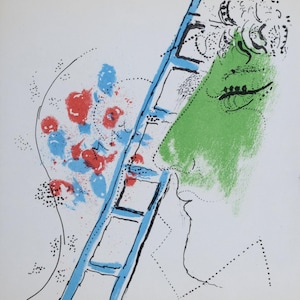 Marc Chagall (1887–1985) – L’échelle, 1957 – Oryginalna litografia w kolorach – wydruk: Mourlot Frères, Paryż