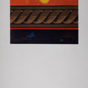 May include: Abstract artwork featuring a yellow sun against an orange sky. Below, a brown, stylized rope design sits above a red line and a dark blue area with blue and green dots. The artwork is on a white background.