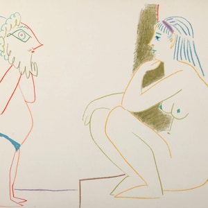 Pablo Picasso – &quot;Masked & Model&quot;, 1954 – Original Lithograph – Original Vintage Print - 20th Century Print - Collectible Art
