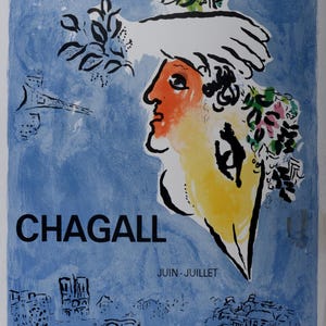 Marc Chagall - &quot;Le Ciel Bleu&quot;, 1964 - Original Lithograph Poster - Galerie Maeght Exhibition - Printed by Mourlot - Vintage Chagall Artwork