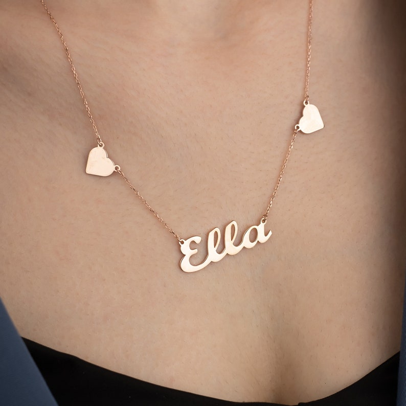 Custom 14K Solid Gold Name Necklace, Dainty Heart Name Necklace ...