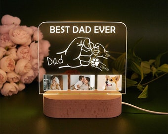 Custom Fathers Day Gifts, Fist Bump Night Light with Photos, Best Dad Ever, Gift for Dad, Birthday Gift for Dad, Husband,Gift from Kids,Pets