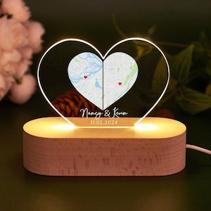 Personalisiertes Herz-Nachtlicht mit zwei Standorten, personalisierter Kartendruck, Nachtlicht für Freunde aus der Ferne, Geschenk für verlobte Paare, Jubiläumsgeschenk