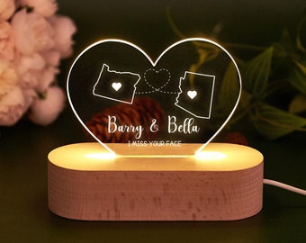 Custom Two Map Night Light,I Miss Your Face,Long Distance Relationship Lamp,Going Away Gift,Gift for Couple,Miss You Gift,Best Friend Gift