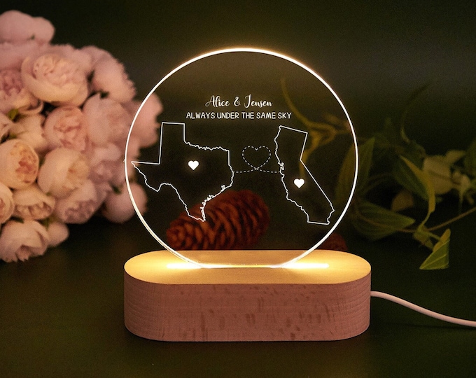 Custom Two-State Map Night Light: Long Distance Gift