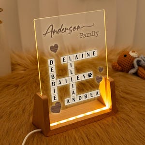 Lámpara de crucigrama familiar, luz de noche con nombre de familia y rompecabezas de Scrabble, marco con impresión de letras, regalo de inauguración de la casa, regalo del Día del Padre, regalo de los niños