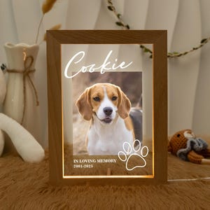 Könnte beinhalten: Holzgerahmte LED-Leuchte mit einem Foto eines Beagle-Hundes. Der Name "Cookie" steht in Schreibschrift über dem Foto. Unter dem Foto befinden sich Pfotenabdrücke und der Text "IN LOVING MEMORY 2001-2025".