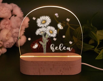 Personalized Birth Flower Night Light,Name Led Night Lamp,Birthday Gifts for Baby Girl,Baby Shower Gifts,New Born Baby Gifts,Baby Room Decor