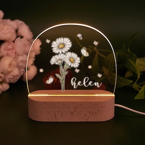 Personalized Birth Flower Night Light,Name Led Night Lamp,Birthday Gifts for Baby Girl,Baby Shower Gifts,New Born Baby Gifts,Baby Room Decor image 1