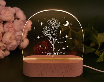 Lampe de nuit personnalisée avec fleur de naissance, lampe LED personnalisée, cadeau d'anniversaire, veilleuse fleur de naissance du zodiaque, cadeau d'anniversaire, Saint-Valentin pour elle