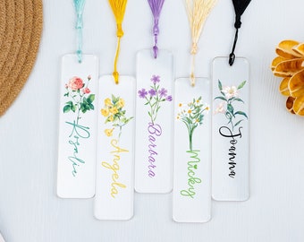 Custom Birth Flower Bookmark ,Personalized Acrylic Bookmark, Name Bookmark with Tassel, Bookmark for Women, Reader Bookmark, Book Lover Gift