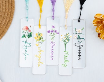 Kundenspezifisches Geburtsblumen-Lesezeichen, personalisiertes Acryl-Lesezeichen, Namen Lesezeichen mit Quaste, Lesezeichen für Frauen, Leser-Lesezeichen, Buch-Liebhaber-Geschenk