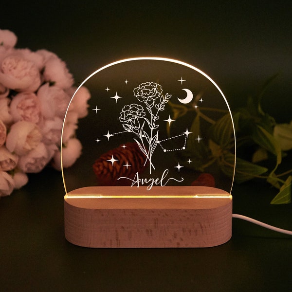 Lampe de nuit personnalisée avec fleur de naissance, lampe LED personnalisée, cadeau d'anniversaire, veilleuse fleur de naissance du zodiaque, cadeau d'anniversaire, Saint-Valentin pour elle